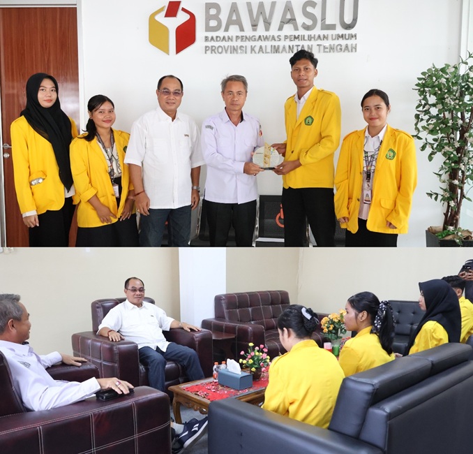Ketua Bawaslu Kalteng Satriadi terima kunjungan dan secara simbolis terima plakat dari mahasiswa magang, Rabu (1/7/2026).